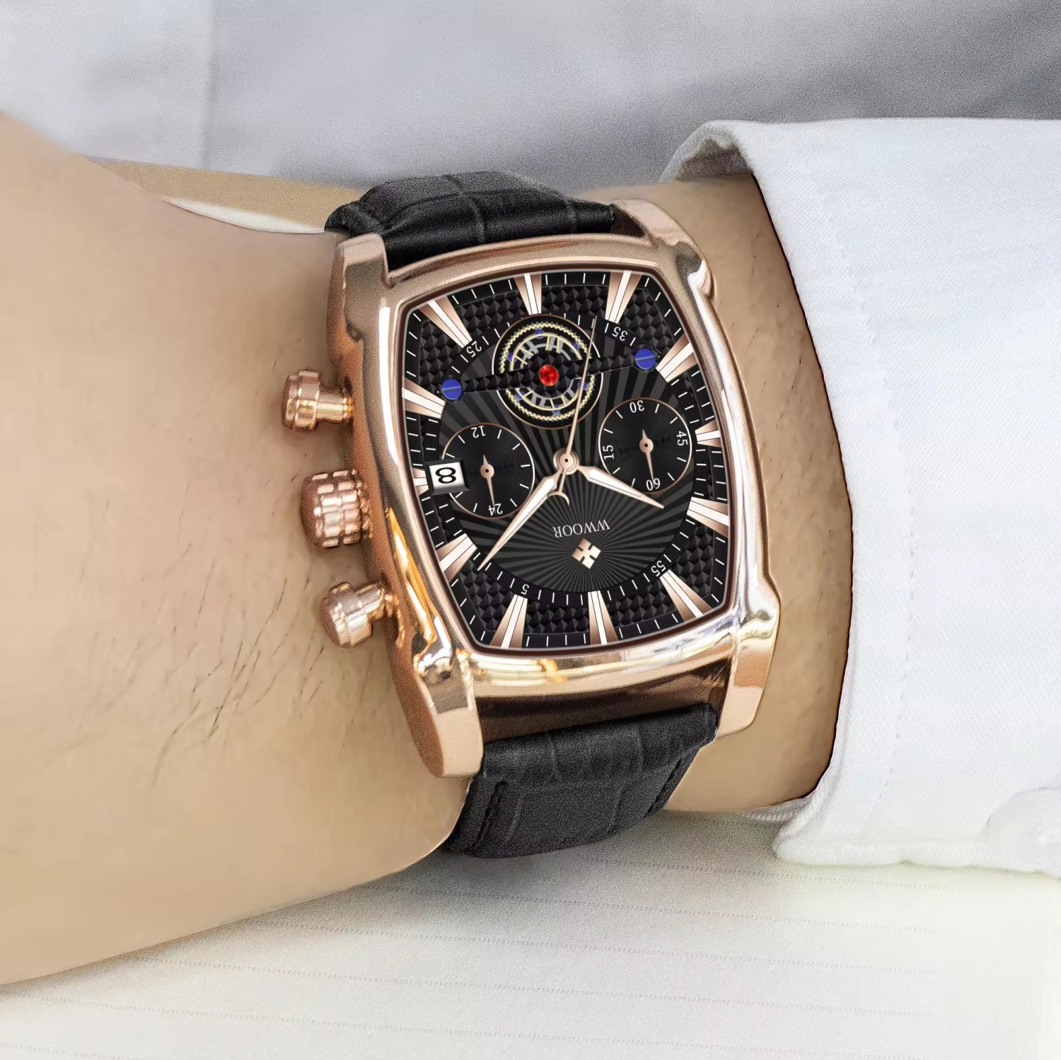 Wwoor 8843 High Quality Business Genuine Leather Tonneau Watch - Image 2