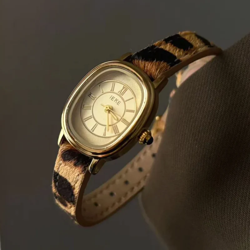 IEKE – Leopard Strap Watch with Gold Oval Face